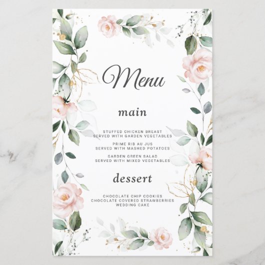Waterverf Groene Roze Bloemen Gouden Trouw Menu (Voorkant)