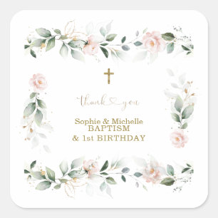 Waterverf Groene Roze Bloemstuk Gouden Doop Vierkante Sticker