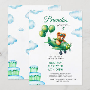 Waterverf Groene Teddybeer Vliegtuig 5e Verjaardag Kaart