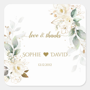 Waterverf Groene Witte Bloemen Gouden Bruiloft Vierkante Sticker