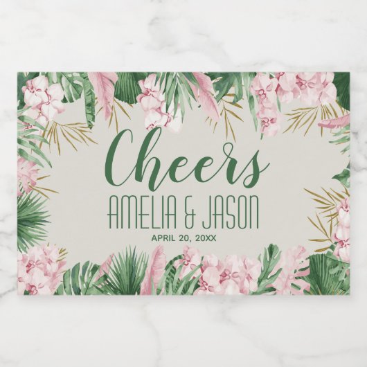 Waterverf Groenen en Roze Tropisch Sparkling Wijnetiket (Enkel label)