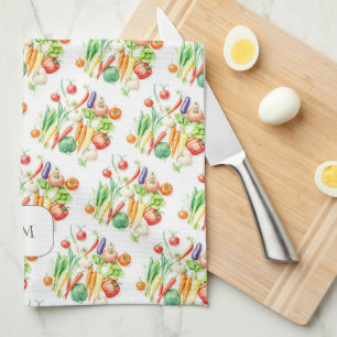 Waterverf groenten patroon met monogram theedoek