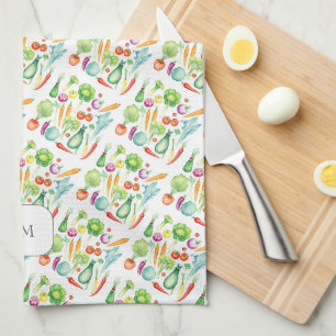 Waterverf groenten patroon met monogram theedoek