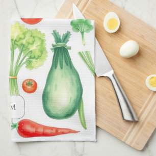 Waterverf groenten patroon met monogram theedoek