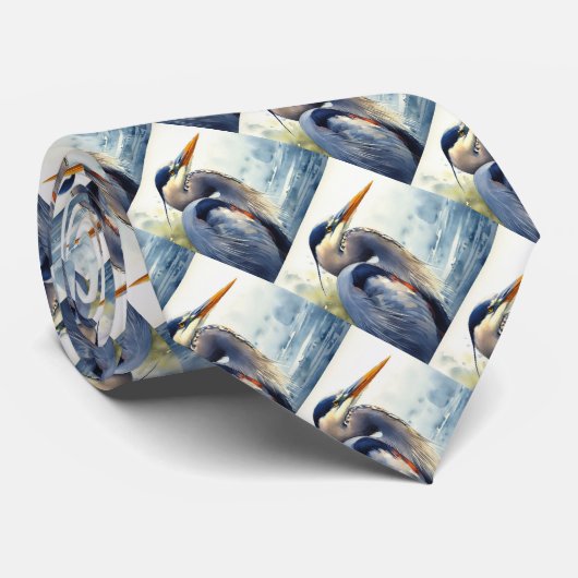 Waterverf Grote Blauwe Heron Vogels Natuur Kunst Stropdas (Opgerold)