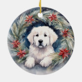 Waterverf Grote Pyreneeën Pup in Xmas krans Keramisch Ornament (Achterkant)