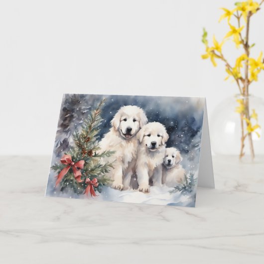 Waterverf Grote Pyreneeën Puppies 1 Xmas Scène Kaart (Gele Bloem)