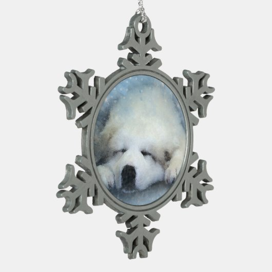 Waterverf Grote Pyreneeën Slappen Tin Sneeuwvlok Ornament (Links)