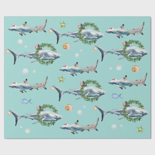 Waterverf grote witte haai rif kerst cadeaupapier (Vlak)