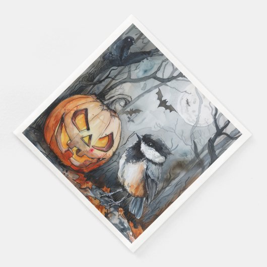Waterverf Halloween Chickadee Vogel voor Decoupage Servet (Hoek)