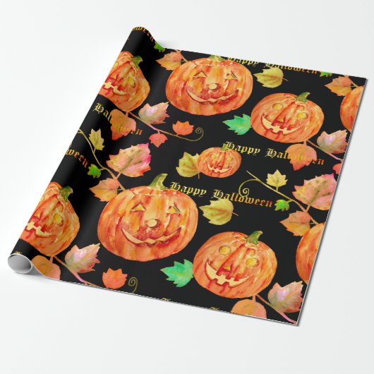 Waterverf Halloween Pumpkin Wrappingpapier Cadeaupapier (Uitgerold)