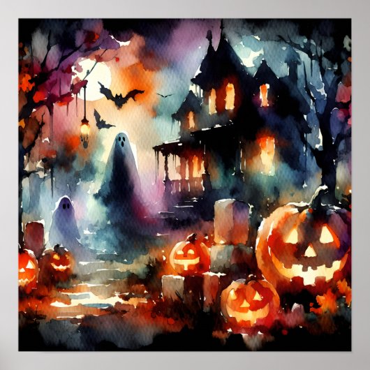Waterverf Halloween scene Poster (Voorkant)