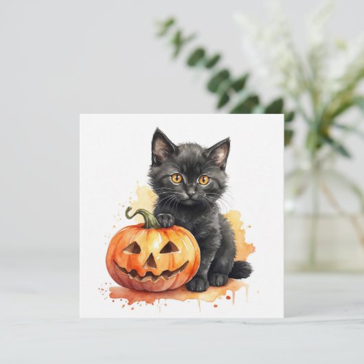 Waterverf Halloween Zwarte Kitten en Pompoen Feestdagenkaart (Staand voorkant)