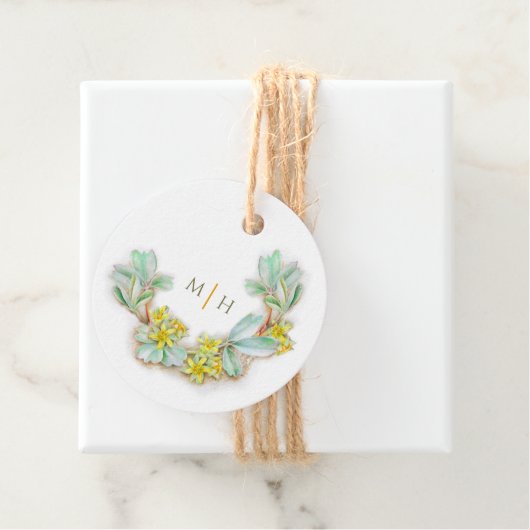 Waterverf halve krans monogram bruiloft sibbaldia bedankjes labels (In situ)