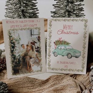  Waterverf Handgeschreven Groene Auto Kerst Feestdagenkaart