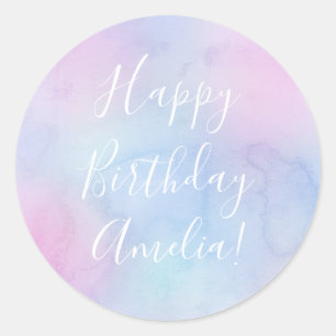  Waterverf Happy Birthday Naam Paarse Ronde Sticker