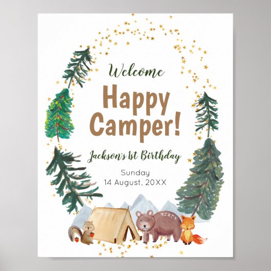 Waterverf Happy Camper 1st Birthday Welkomstteken Poster (Voorkant)