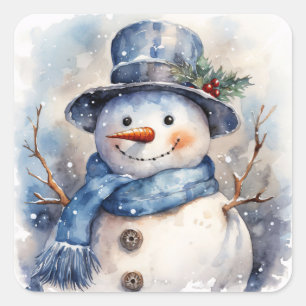 Waterverf Happy Christmas Sneeuwman in de winter Vierkante Sticker