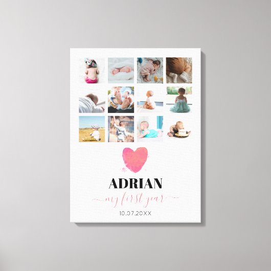 Waterverf Hart Baby eerste jaar Foto Collage Canvas Afdruk (Voorkant)