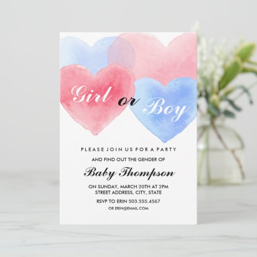 Waterverf Hart Geslacht Onthulling Uitnodigingen (Staand voorkant)
