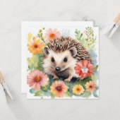 Waterverf Hedgehog en Flowers Kaart (Voorkant / Achterkant in situ)