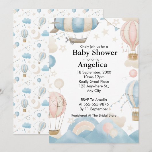 Waterverf Heet Luchtballon Baby Shower Uitnodiging (Voorkant / Achterkant)