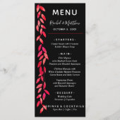 Waterverf Heet Roze Bladeren op Zwart Bruiloft Menu (Voorkant)