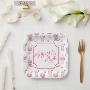 Waterverf Heet Roze Mahjong Cocktails Papieren Bordje