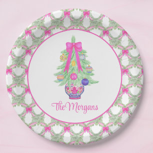 Waterverf Heet Roze Strik Gemberpot Kerstboom Papieren Bordje