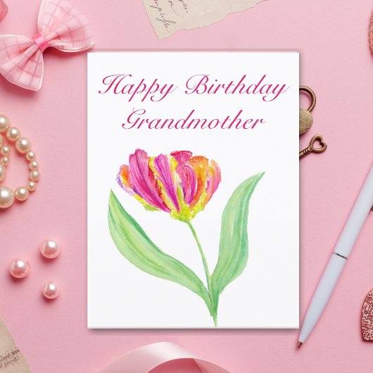 Waterverf Heet Roze Tulp Verjaardag Grootmoeder Bedankkaart