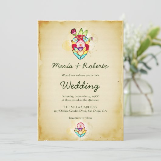 Waterverf Heilig Hart met Bloemen Motieven Trouwen Kaart (Staand voorkant)