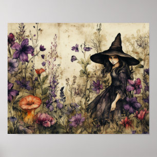 Waterverf heks met bloemen poster