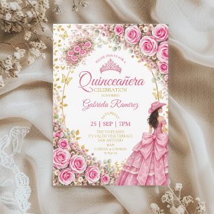Waterverf helder roze rozen gouden Quinceañera Kaart