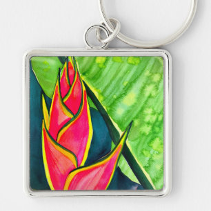 Waterverf heliconia tropische bloem sleutelhanger