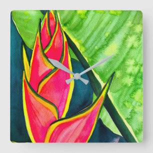 Waterverf heliconia tropische bloem vierkante klok