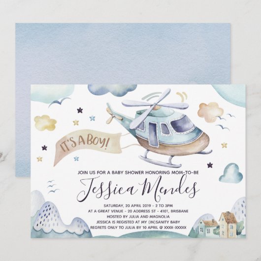 Waterverf Helikopter Baby Boy Shower Kaart (Voorkant / Achterkant)