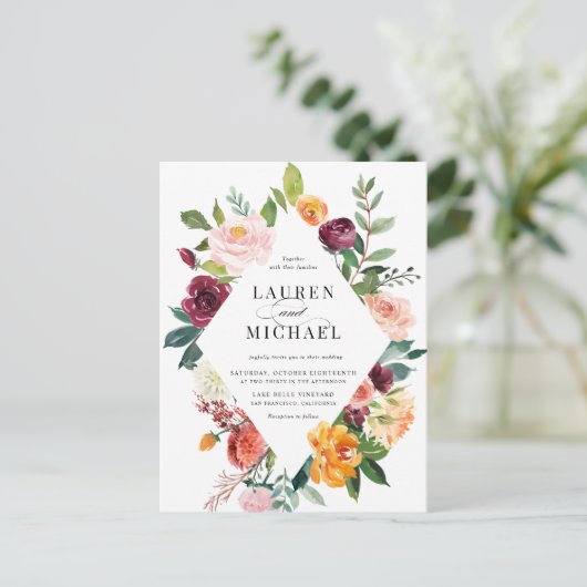 Waterverf Herfst Bloeit Lijst QR Code Trouwen Uitnodiging Briefkaart (Staand voorkant)