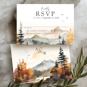 Waterverf Herfst Boom Berg Scène Eenvoudige Trouw RSVP Kaartje