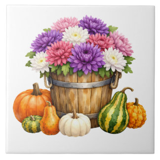 Waterverf herfst chrysanthemum, pompoenen, kalebas tegeltje
