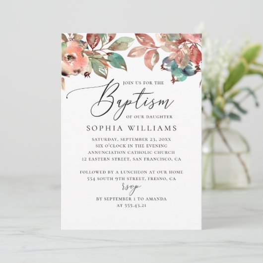 Waterverf herfst floral blueberry script baptisme kaart (Staand voorkant)