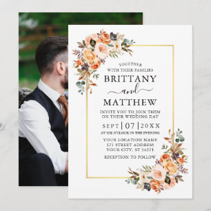 Waterverf herfst Floral Foto Gold Lijst Wedding Kaart