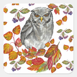 Waterverf herfst mooie uil en blaadknop vierkante sticker