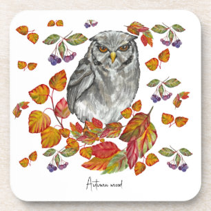 Waterverf herfst mooie uil en bladeren bier onderzetter