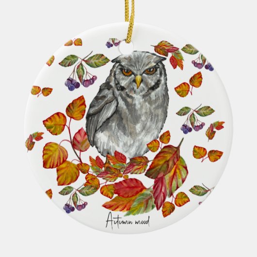 Waterverf herfst mooie uil en bladeren keramisch ornament (Voorkant)