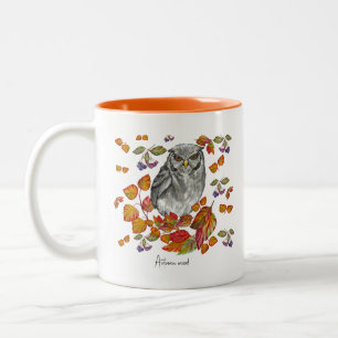 Waterverf herfst mooie uil en laat koffie mu tweekleurige koffiemok