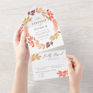 Waterverf herfst oliage Wreath Fall Wedding All In One Uitnodiging