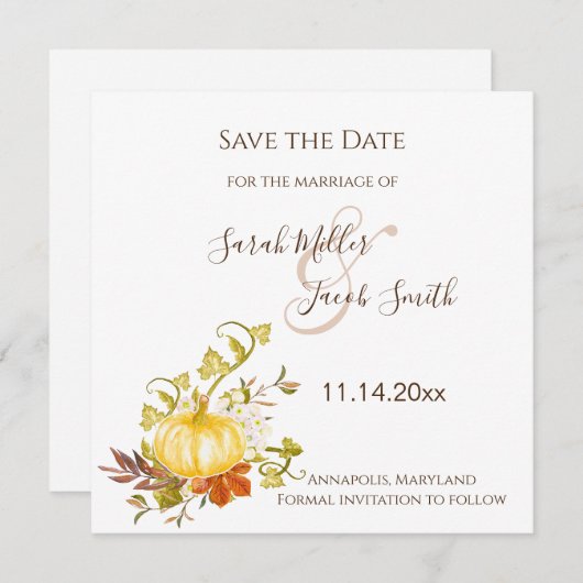 Waterverf herfst pomkin en lederen bruiloft save the date (Voorkant / Achterkant)