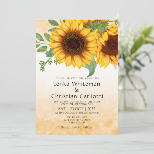 Waterverf Herfst Zonnebloem Bruiloft uitnodiging (Staand voorkant)