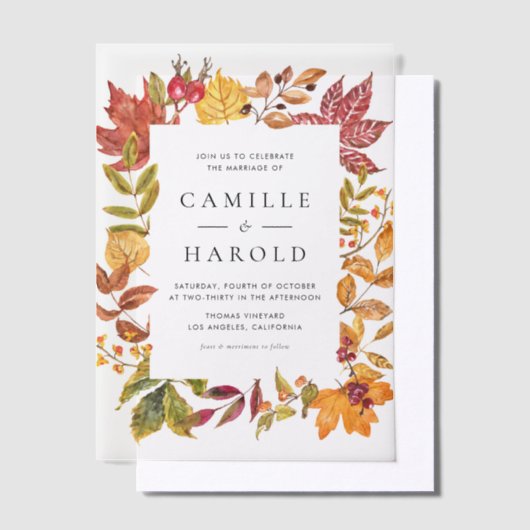 Waterverf herfstbladeren Lijst herfstbruiloft Vellum Uitnodigingen (Offset)