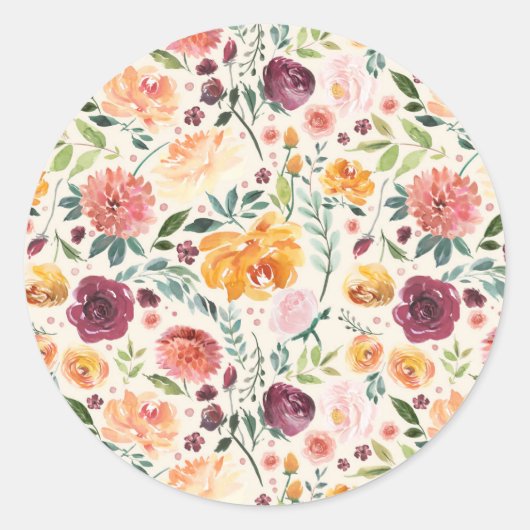 Waterverf Herfstbloeipatroon Ronde Sticker (Voorkant)